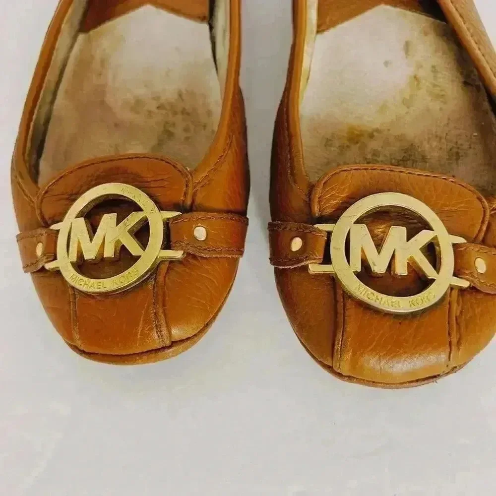 Michael Kors Brown Leather Flats Loafers Gold MK Emblem Women's Size 8.5
